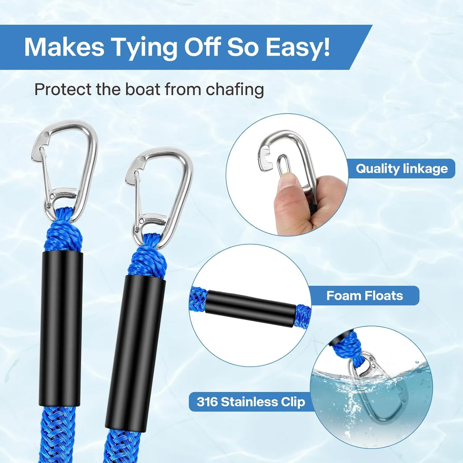Bungee Dock Lines, 4 Feet Bungee Shock Cords Bungee Docking Rope Mooring Rope for Boat,PWC,Jet ski,Pontoon,Kayak,Canoe,Power Boat,Watercraft (Blue Single Hook)