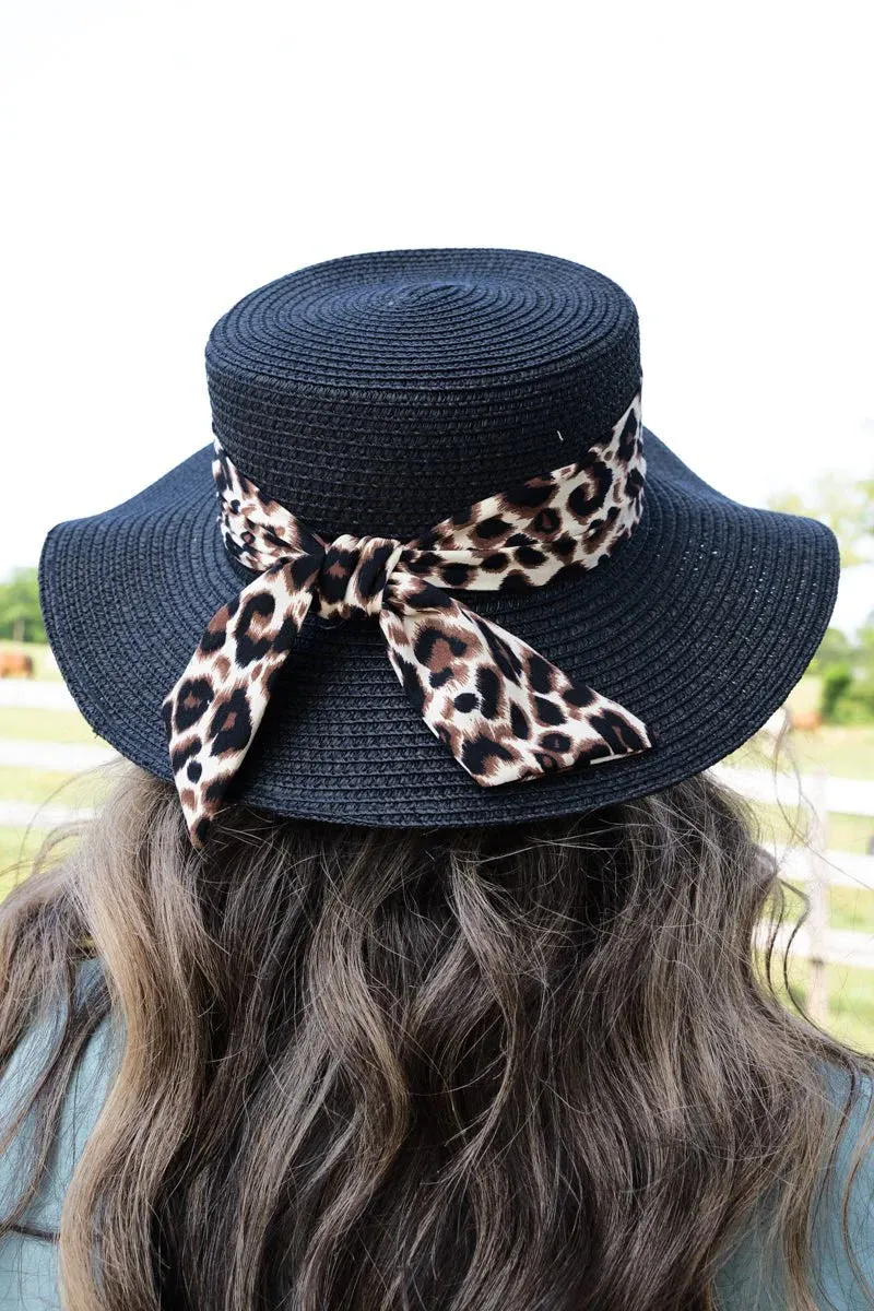 Cruise On By Leopard Straw Boater Hat- Black