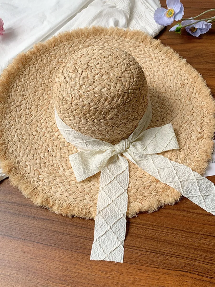 French Holiday Bow Wide Brim Sun Hat