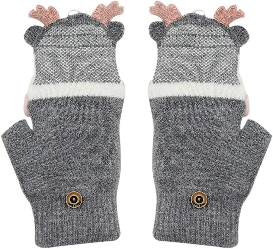 Kids Toddlers Cute Reindeer Fleece Lined Gloves Convertible Flip Top Fingerless Mittens for Boys Girls