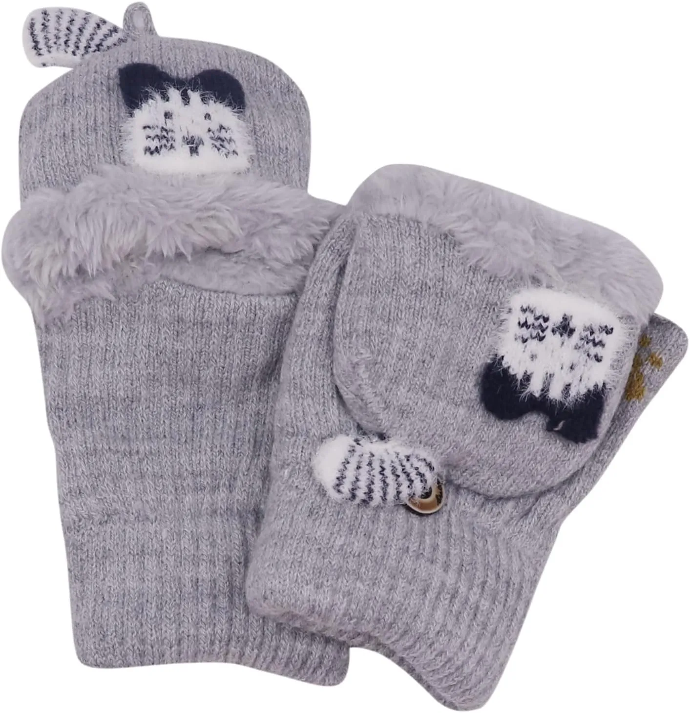 Kids Toddlers Cute Reindeer Fleece Lined Gloves Convertible Flip Top Fingerless Mittens for Boys Girls