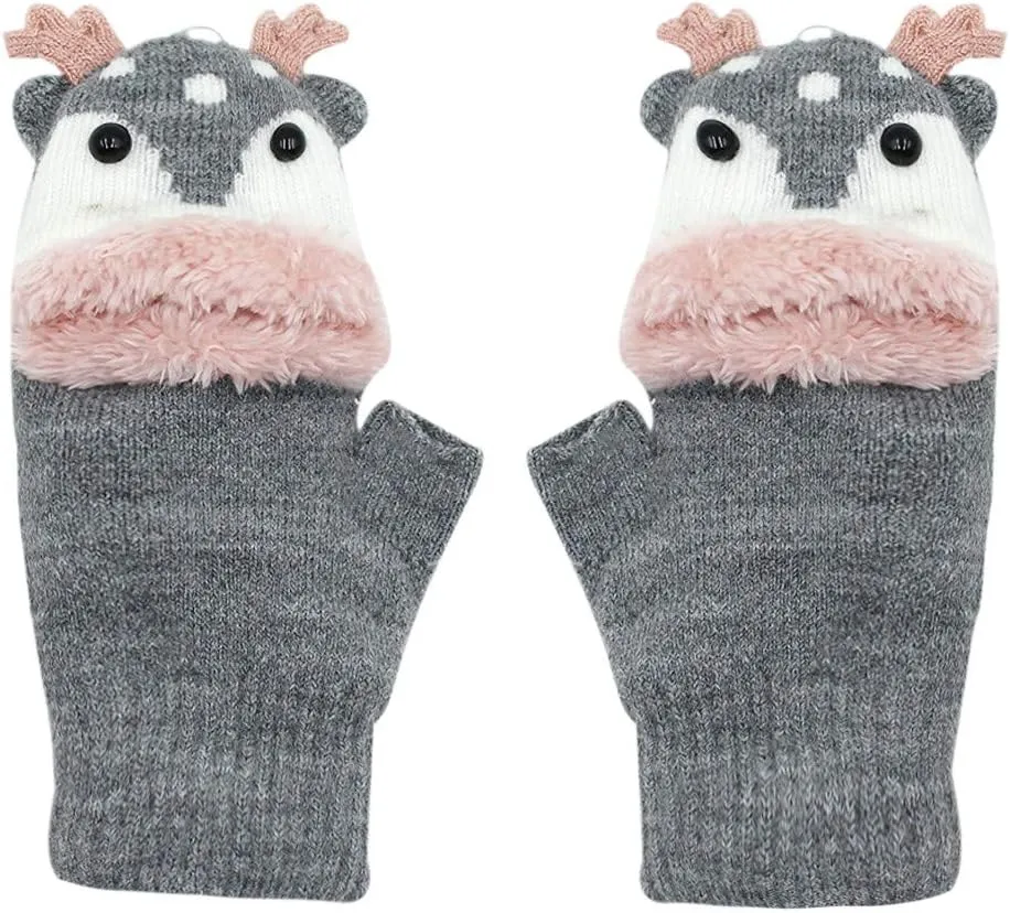 Kids Toddlers Cute Reindeer Fleece Lined Gloves Convertible Flip Top Fingerless Mittens for Boys Girls
