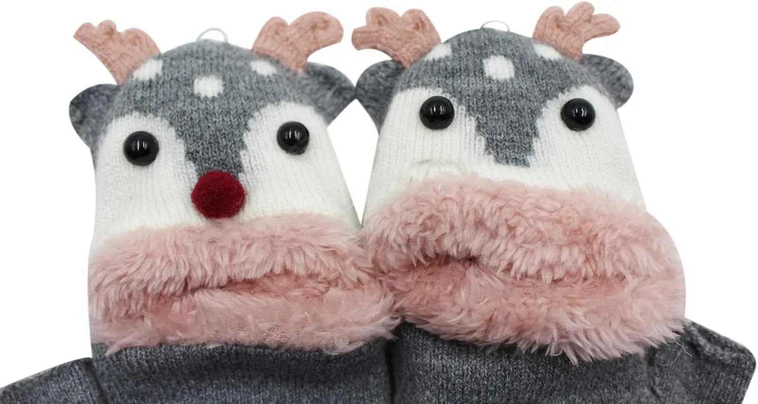 Kids Toddlers Cute Reindeer Fleece Lined Gloves Convertible Flip Top Fingerless Mittens for Boys Girls