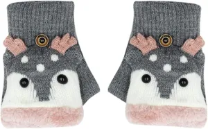 Kids Toddlers Cute Reindeer Fleece Lined Gloves Convertible Flip Top Fingerless Mittens for Boys Girls