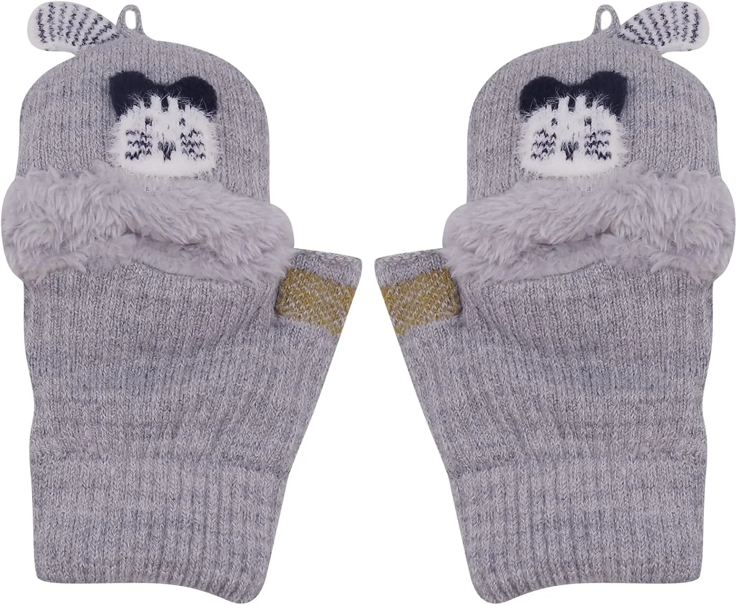Kids Toddlers Cute Reindeer Fleece Lined Gloves Convertible Flip Top Fingerless Mittens for Boys Girls