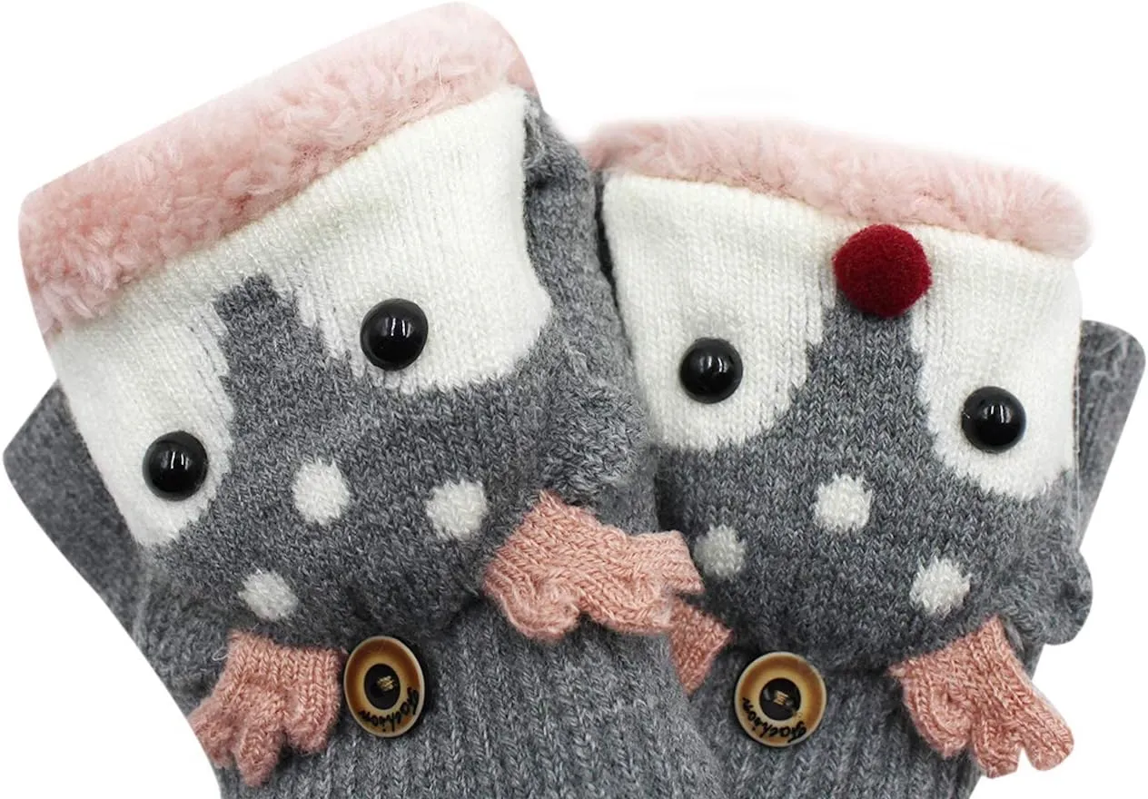 Kids Toddlers Cute Reindeer Fleece Lined Gloves Convertible Flip Top Fingerless Mittens for Boys Girls