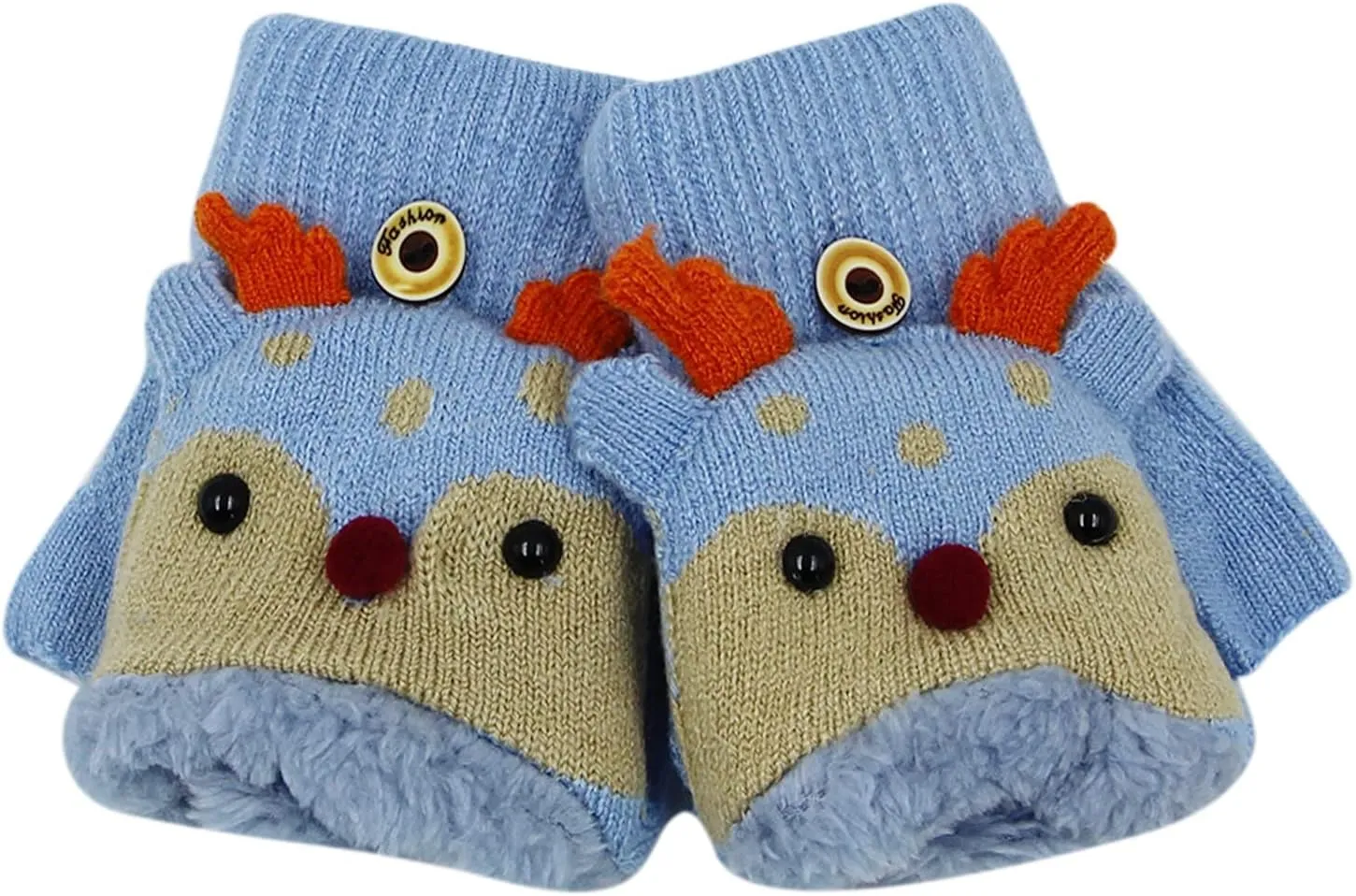 Kids Toddlers Cute Reindeer Fleece Lined Gloves Convertible Flip Top Fingerless Mittens for Boys Girls