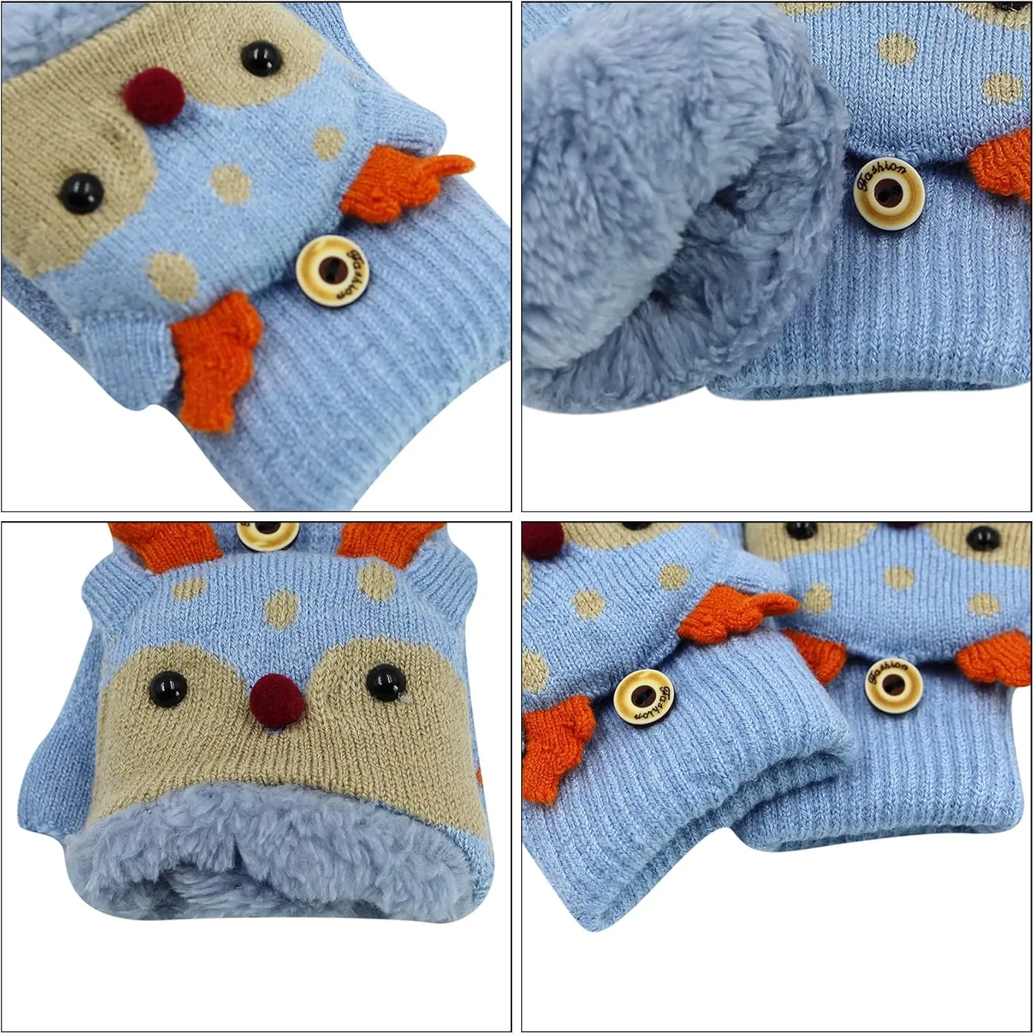 Kids Toddlers Cute Reindeer Fleece Lined Gloves Convertible Flip Top Fingerless Mittens for Boys Girls