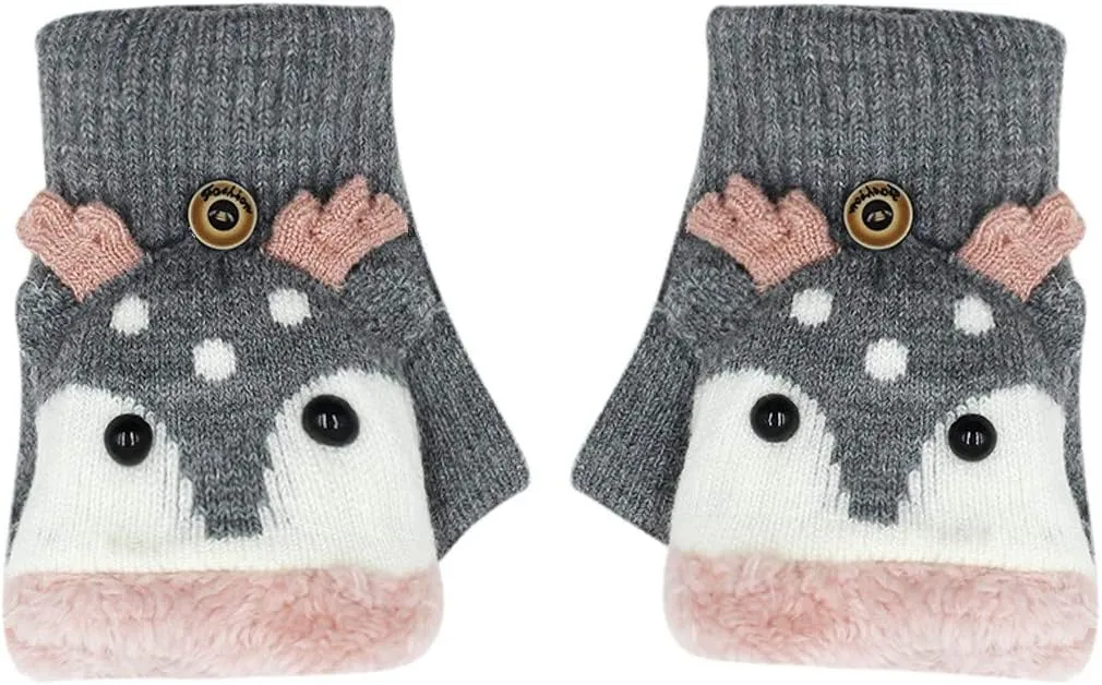 Kids Toddlers Cute Reindeer Fleece Lined Gloves Convertible Flip Top Fingerless Mittens for Boys Girls