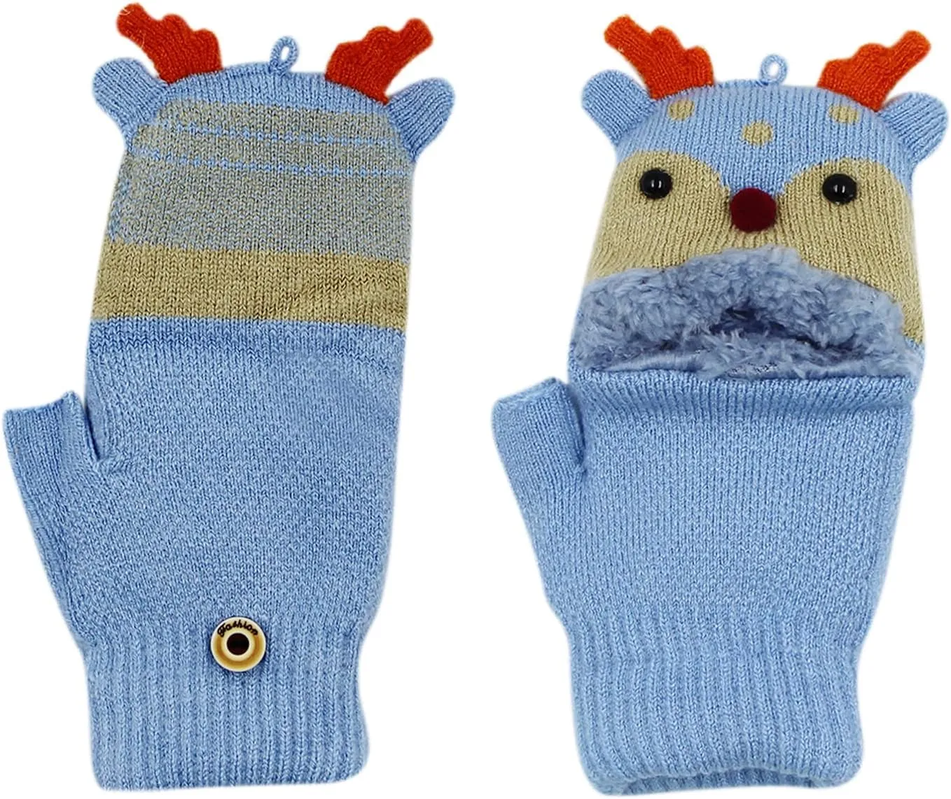 Kids Toddlers Cute Reindeer Fleece Lined Gloves Convertible Flip Top Fingerless Mittens for Boys Girls