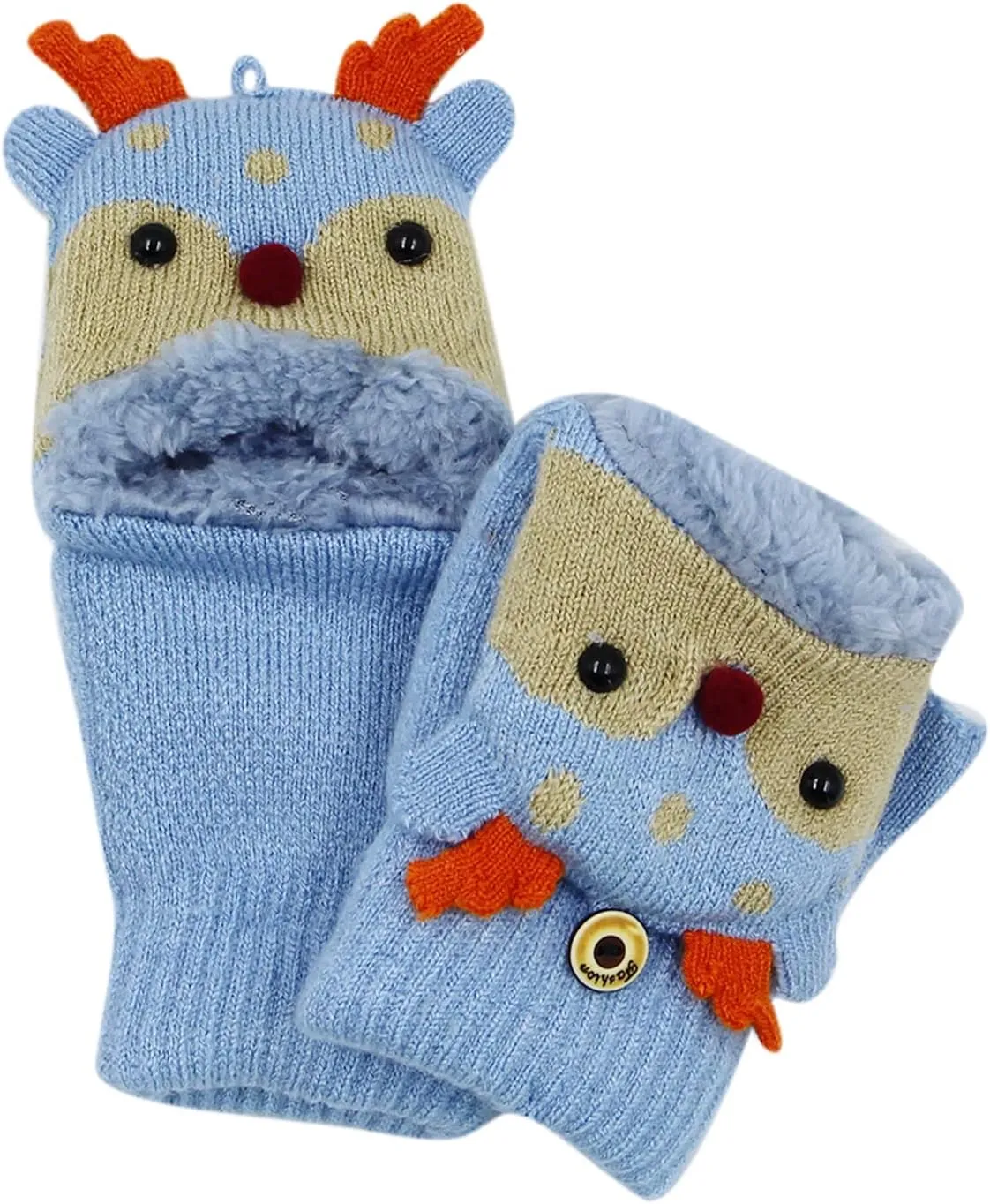 Kids Toddlers Cute Reindeer Fleece Lined Gloves Convertible Flip Top Fingerless Mittens for Boys Girls