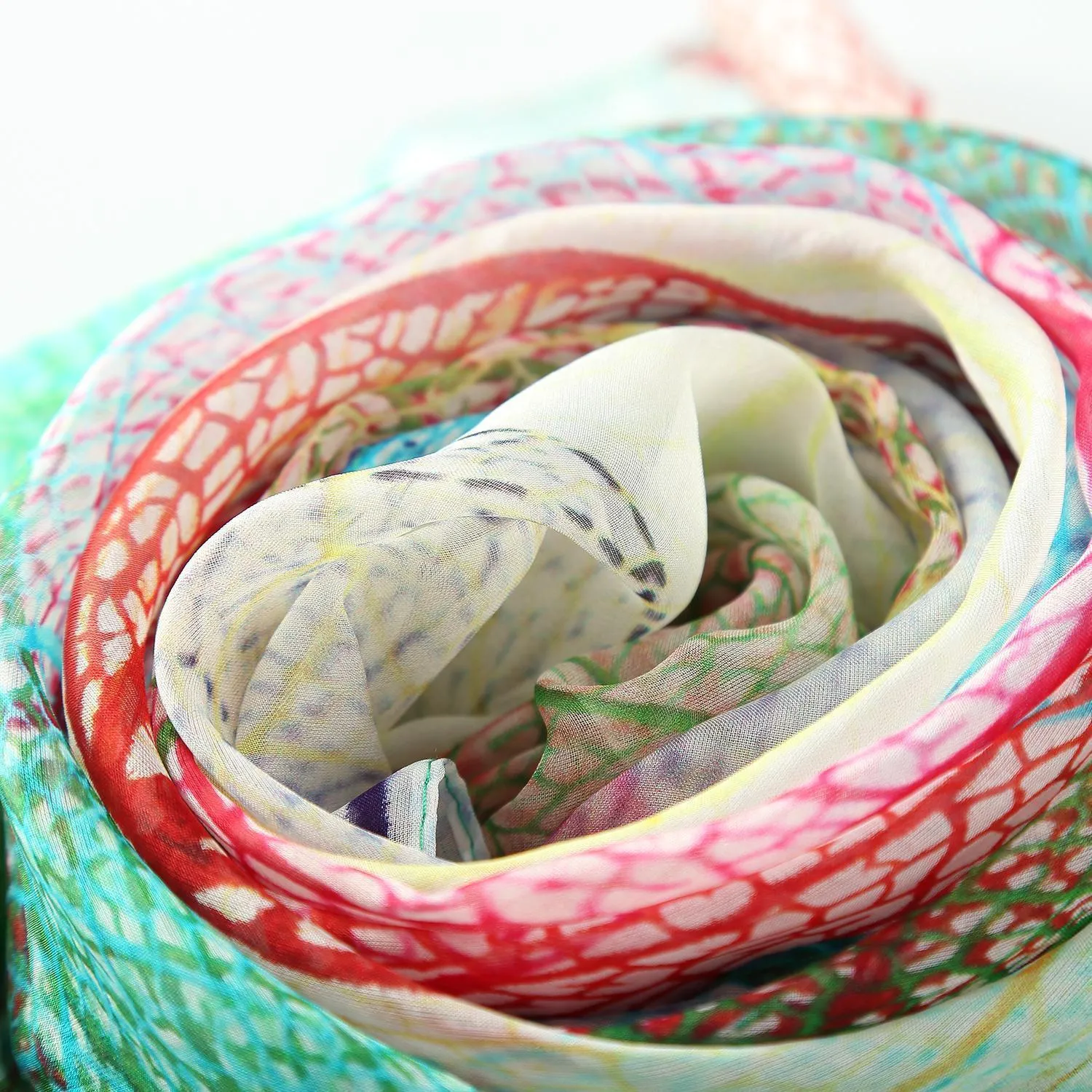 Long Silk Chiffon Scarf Green and Red Floral Print SCH305