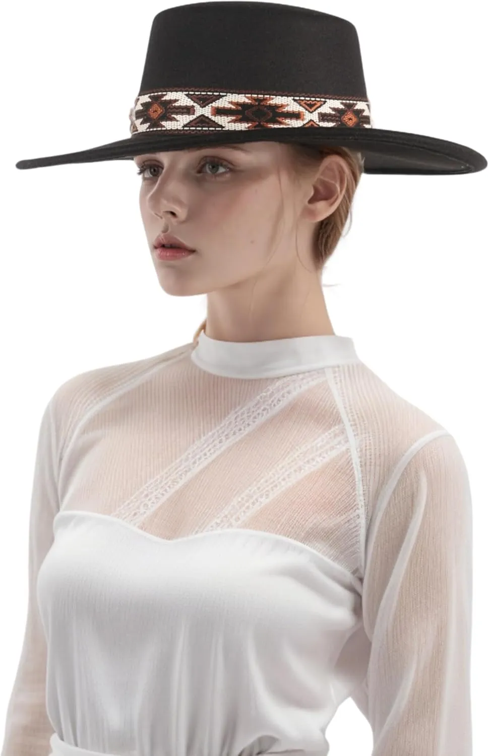 Mens Classic Wide Brim Flat Top Pork Pie Hat with Bohemian Band Panama Fedora Hats Jazz Hat for Beach Party Outdoor