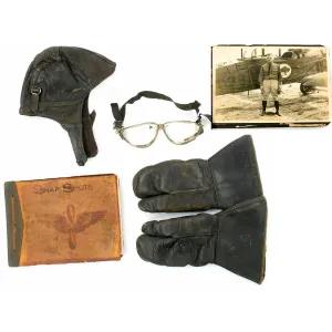 Original U.S. WWI AEF Aero Squadron Scrapbook, Flying Helmet, Goggles, Glove Set