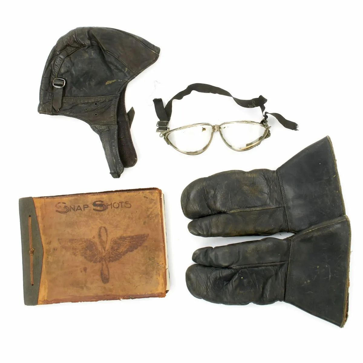Original U.S. WWI AEF Aero Squadron Scrapbook, Flying Helmet, Goggles, Glove Set