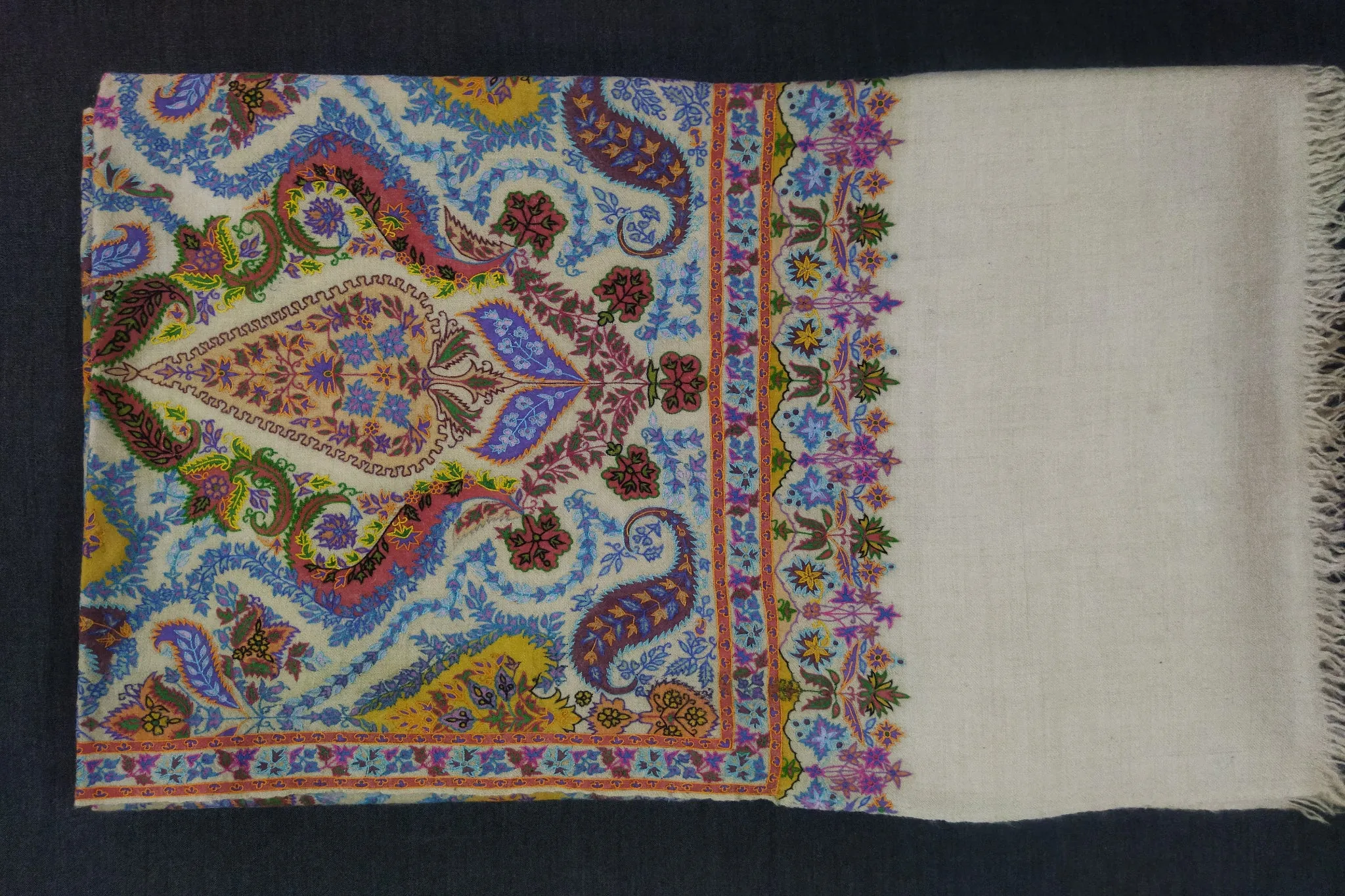 Pashmina kalamkari hand Embroidered shawl gulabkar beige 45x90 inch