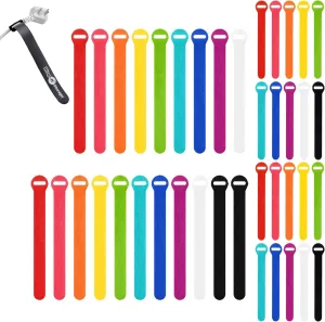 Self-Gripping Cable Ties by Wrap-It Storage, Multi-Color, 40 Pack (5 Inch and 8 Inch Straps)  Reusable Hook and Loop Cord Keeper, Cable Wrappers for Cord Management and Home Office Desk Organization