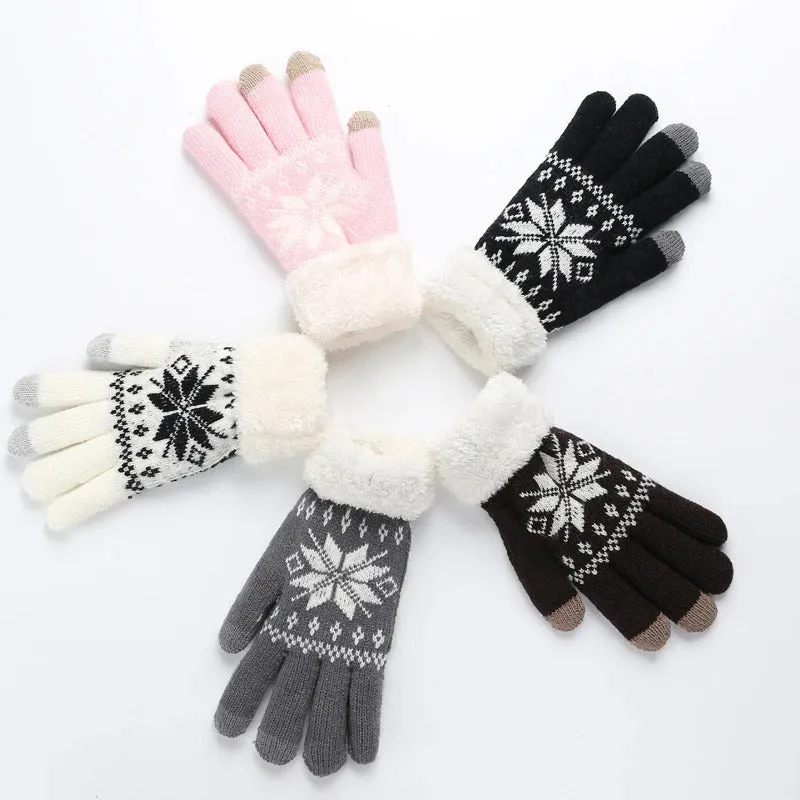 Snowflake Knitted Pattern Touch Screen Winter Gloves For Women