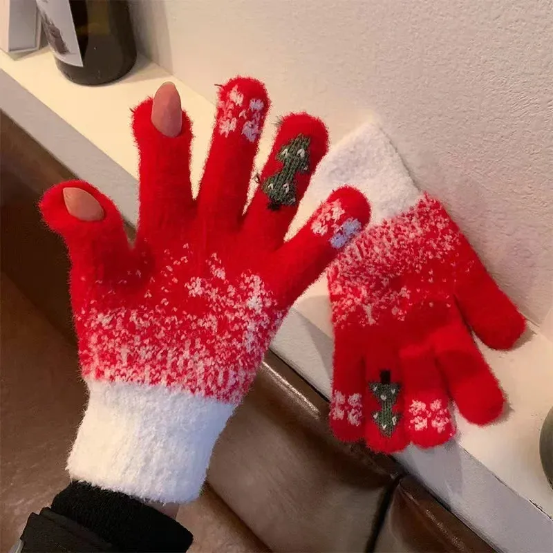 Thick Cashmere Warm Christmas Tree Knit Skiing Full Finger Two Layer Plush Christmas Glove