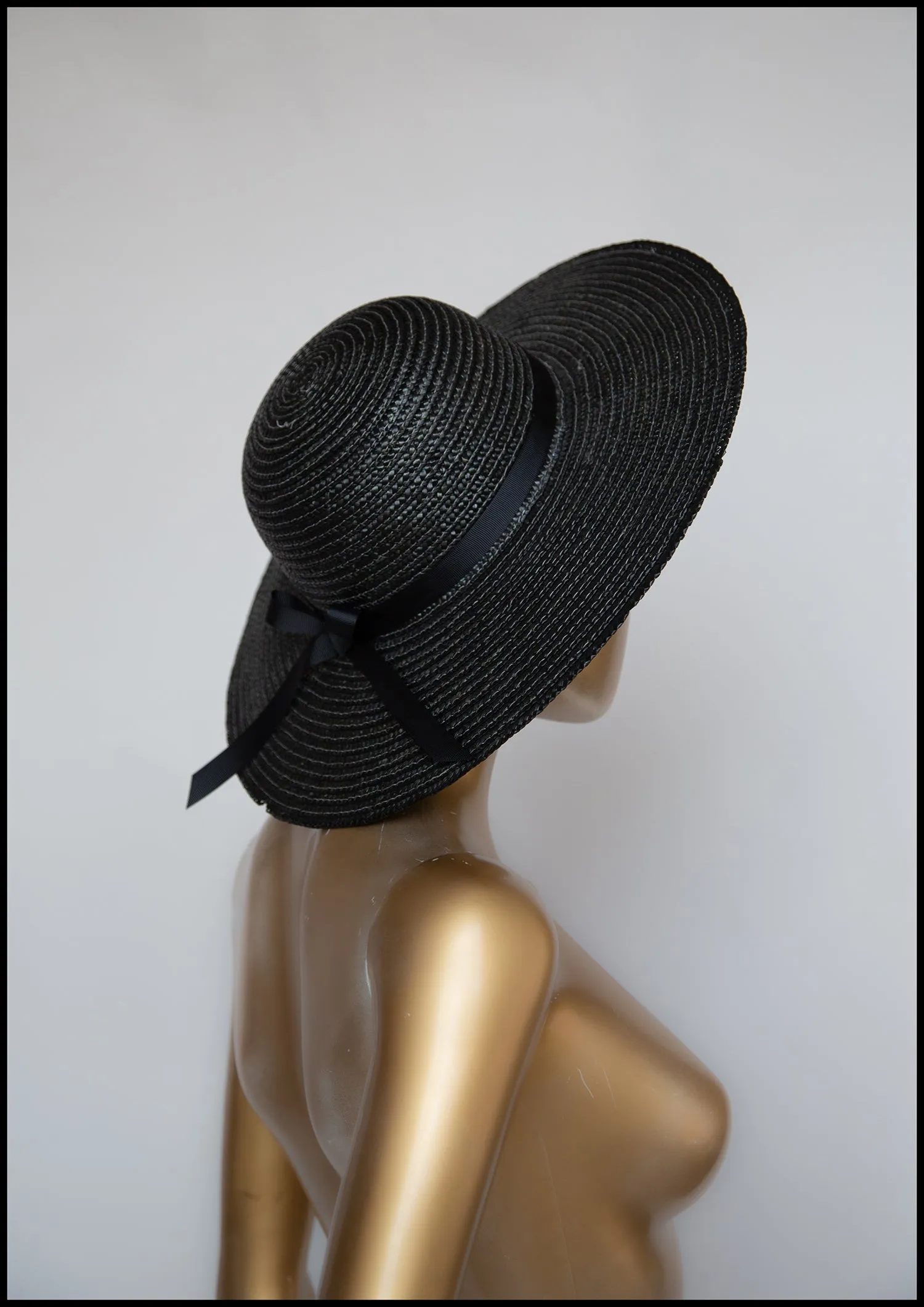 Vintage 1980s Black Straw Wide Brim Hat