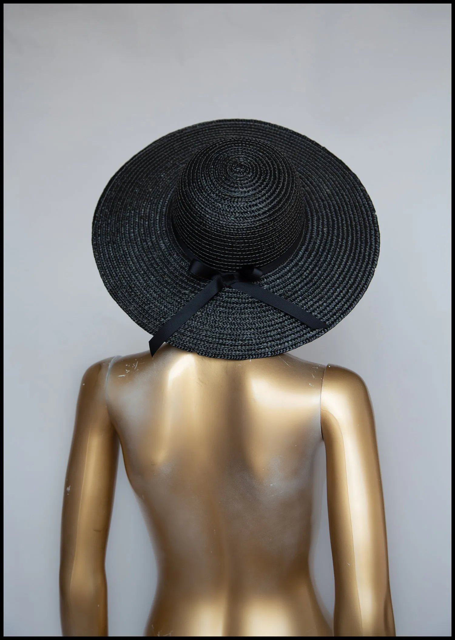 Vintage 1980s Black Straw Wide Brim Hat