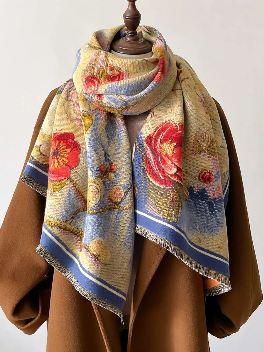 Women Vintage Flower Warm Tassel Cashmere Shawl Scarf AT1092