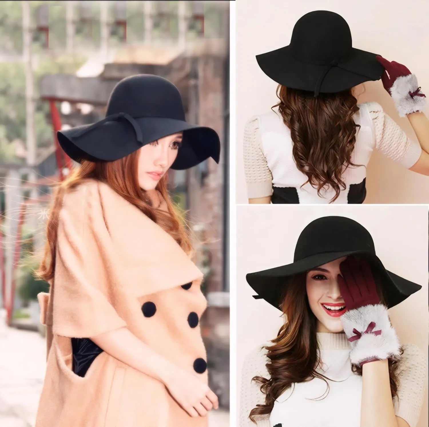 Women's 100% Wool Foldable Wide Brim Retro Fedora Floppy Felt Bowler Hat