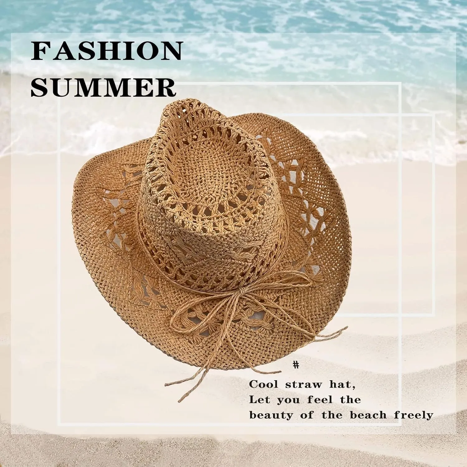 Women's Straw Cowboy Hat Summer Cowgirl Woven Sun Hat, Wide Brim Sparkly Western Cowboy Hat for Beach