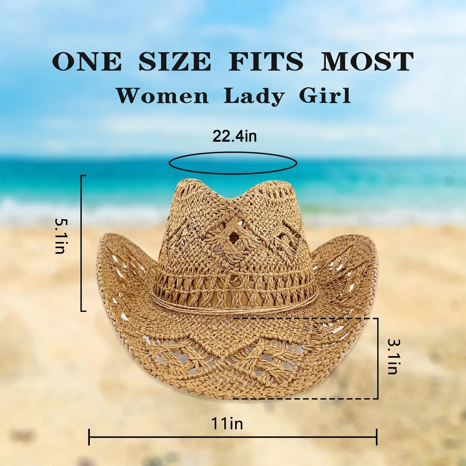 Women's Straw Cowboy Hat Summer Cowgirl Woven Sun Hat, Wide Brim Sparkly Western Cowboy Hat for Beach