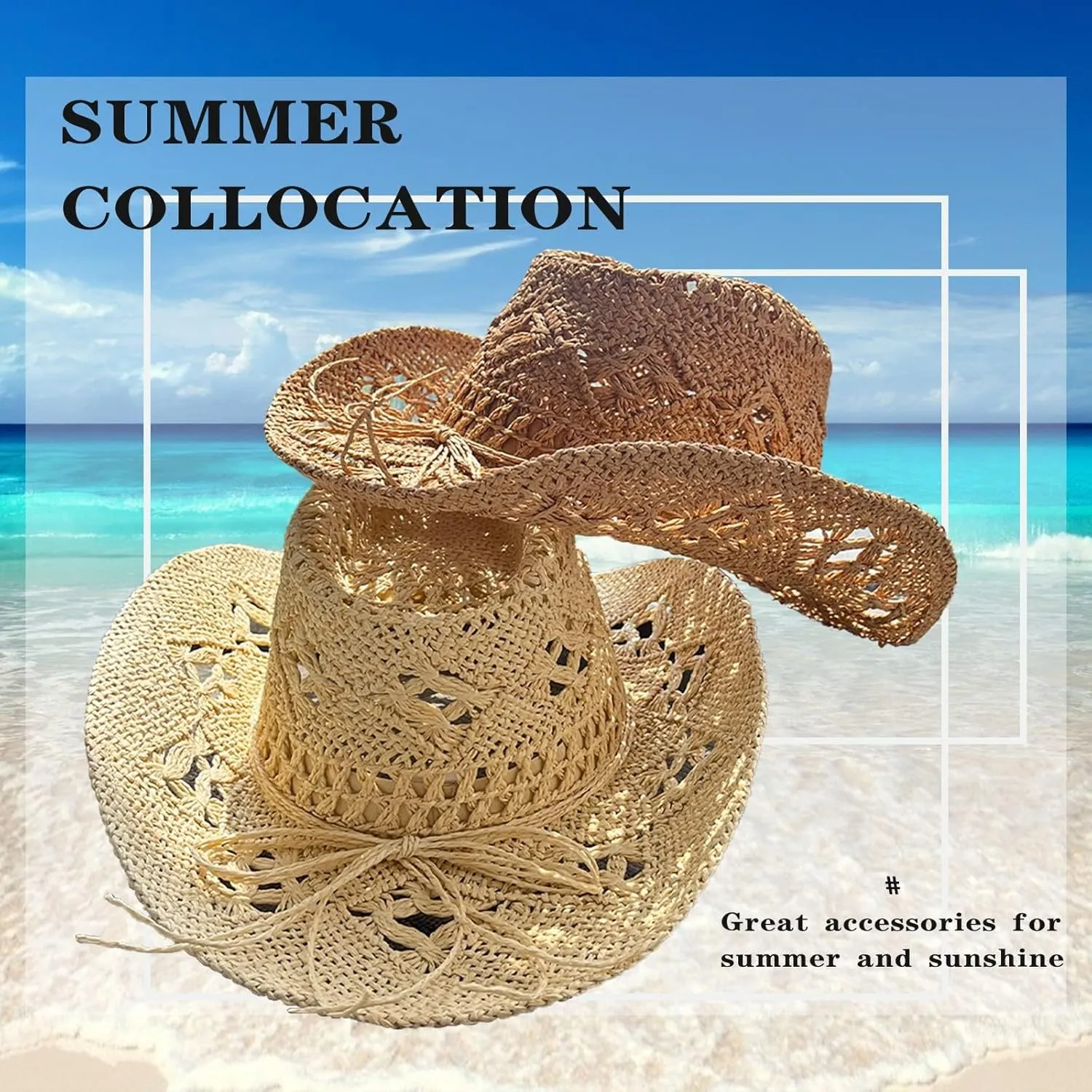 Women's Straw Cowboy Hat Summer Cowgirl Woven Sun Hat, Wide Brim Sparkly Western Cowboy Hat for Beach