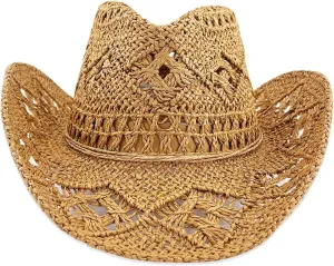 Women's Straw Cowboy Hat Summer Cowgirl Woven Sun Hat, Wide Brim Sparkly Western Cowboy Hat for Beach