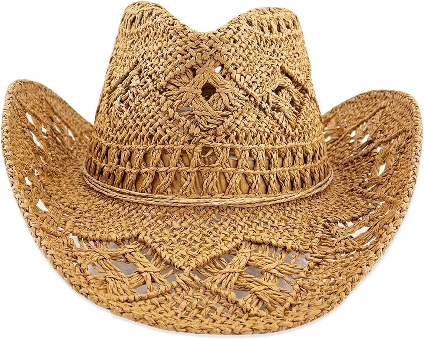 Women's Straw Cowboy Hat Summer Cowgirl Woven Sun Hat, Wide Brim Sparkly Western Cowboy Hat for Beach